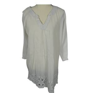 Garnet Hill 6 White Tunic Cover Up 3/4 Sleeves Crochet Hem V-Neck Peasant Boho